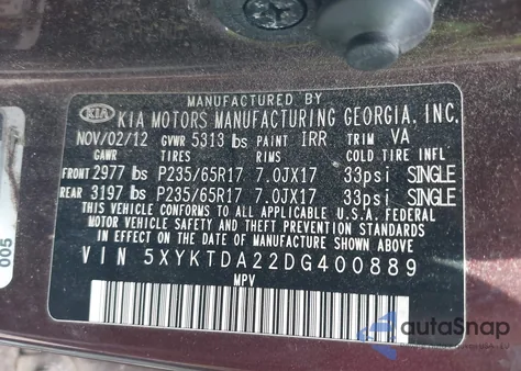 2013 Kia Sorento Lx V6 из США, поврежденный, VIN 5XYKTDA22DG400889